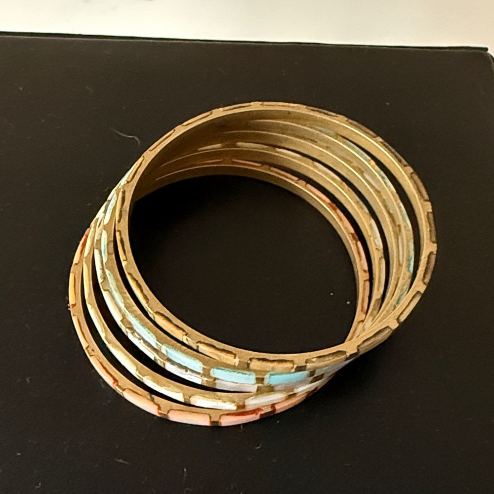Vintage  Bangle Bracelets Brass and Abalone Set of 5